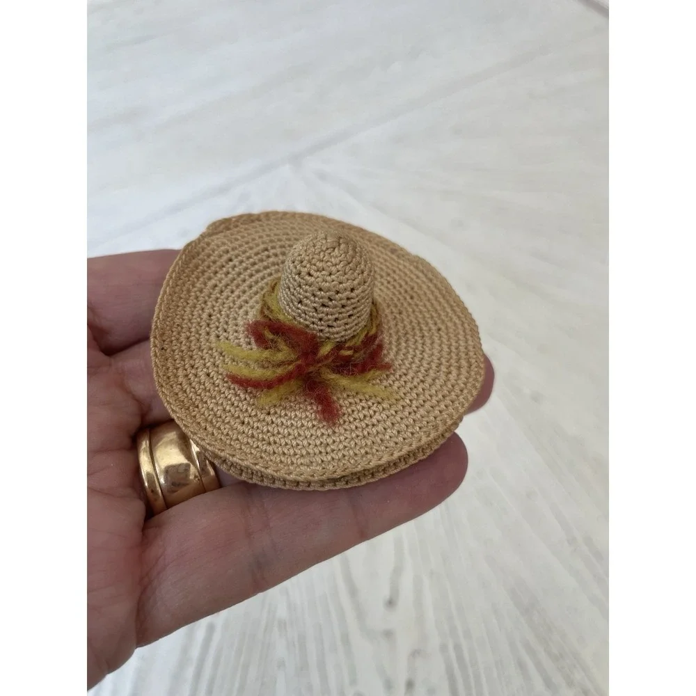 Vintage Handmade Crochet Sun Hat Thimble Sewing Needle Holder Sew Kit